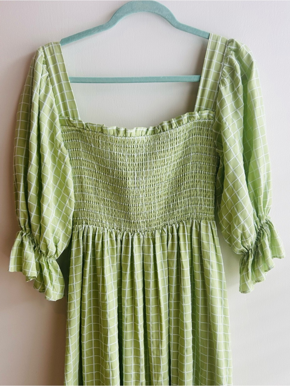 Aura Light Green Smocked Top with White Grid - Picture 1 of 4